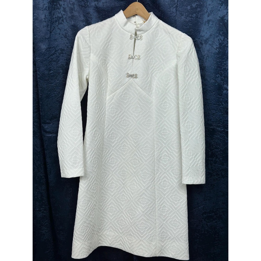 1960s White Jacquard Dress: Mandarin Collar, Asian Inspired Wedding Gown